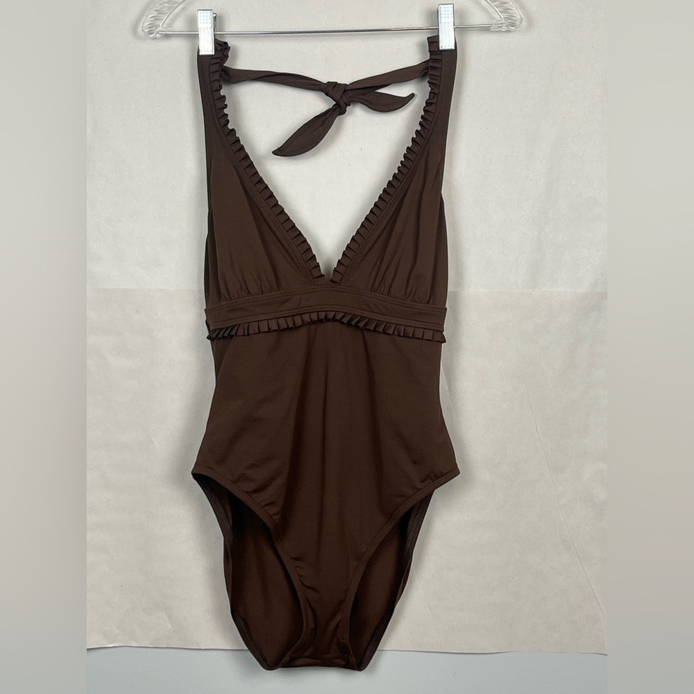 Anne Cole brown ruffled trim halter neck 1 piece swimsuit, size 14.
